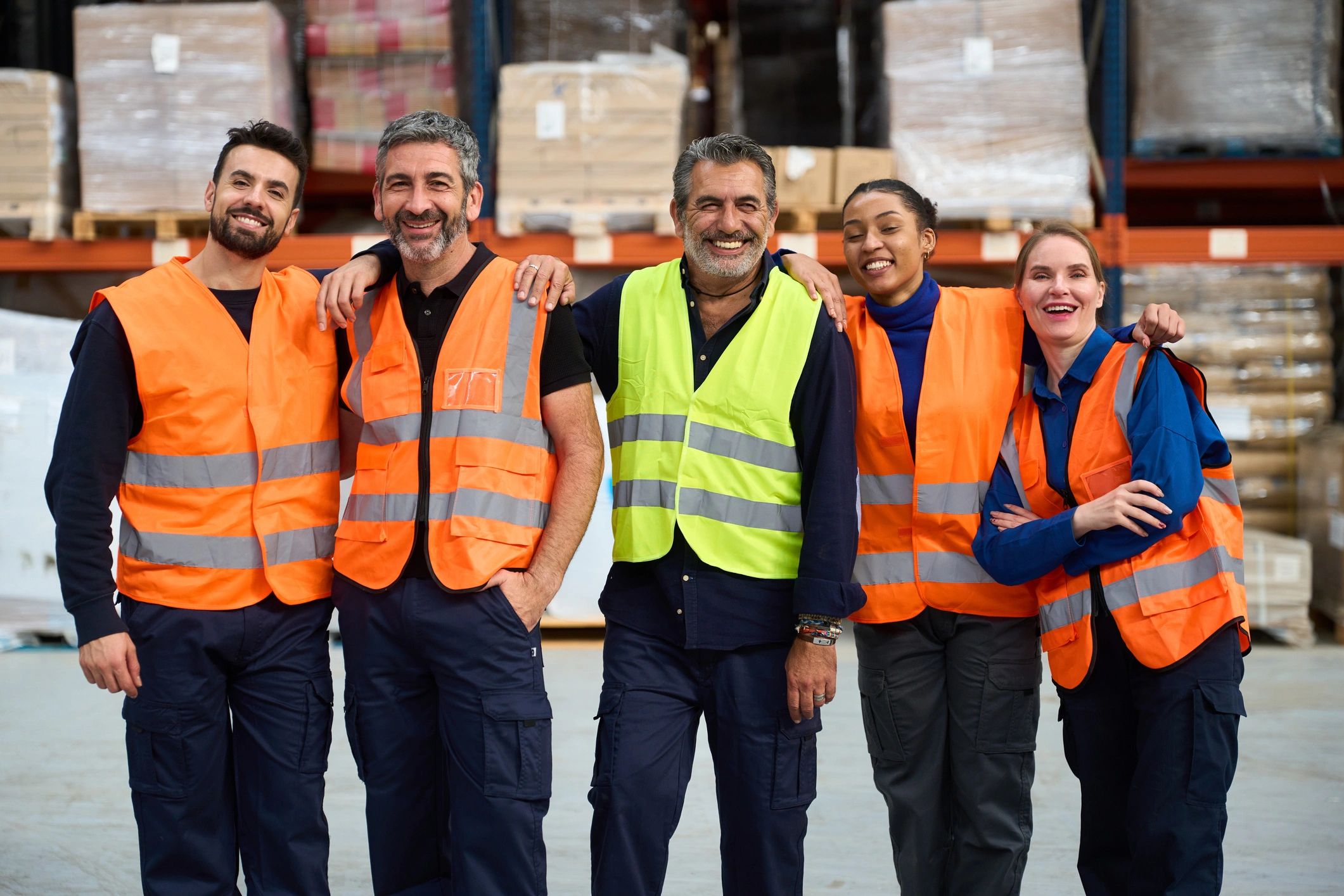 blue collar branded t-shirts hats hoodies staff group photo warehouse